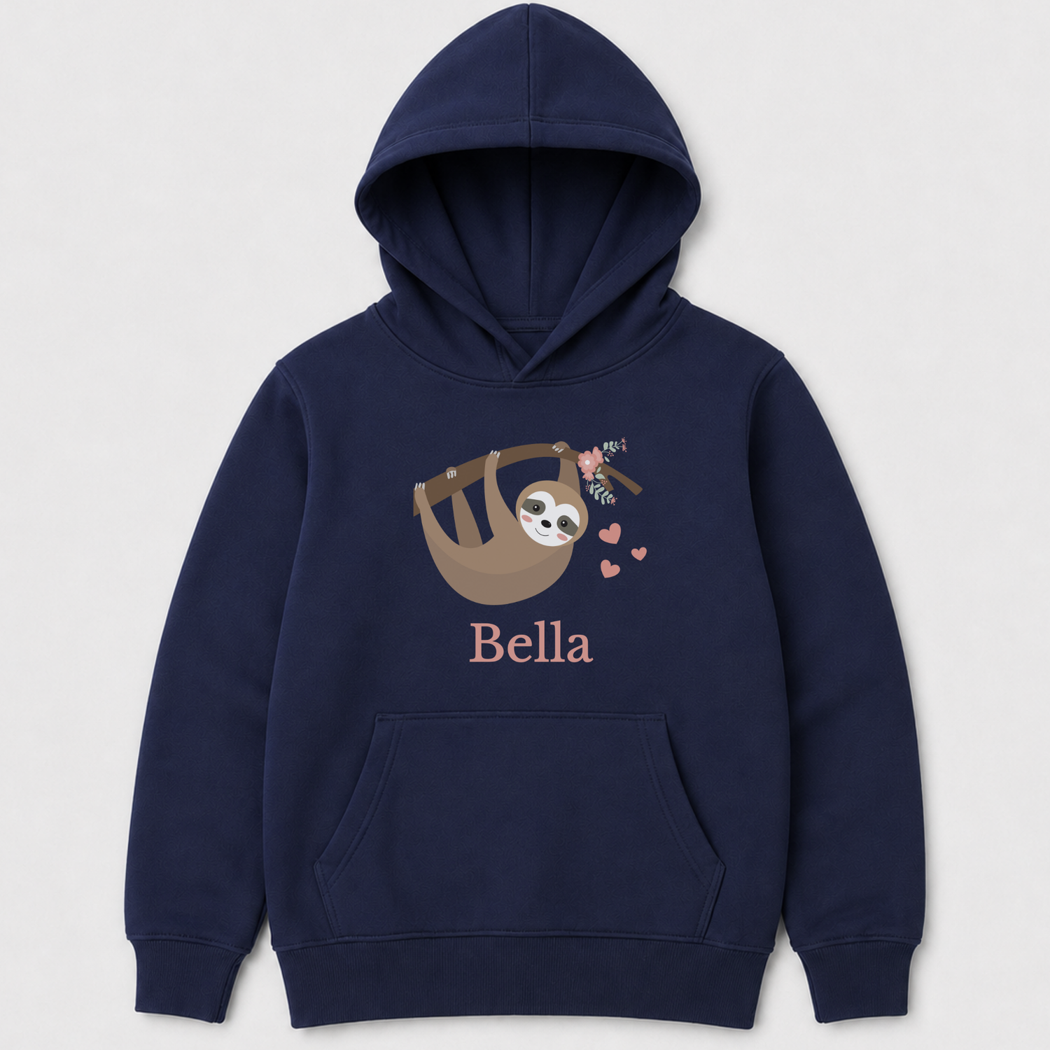 Navy children’s hoodie featuring a cute sloth swinging beneath a flower-decorated branch with blush pink hearts and personalised name Bella.