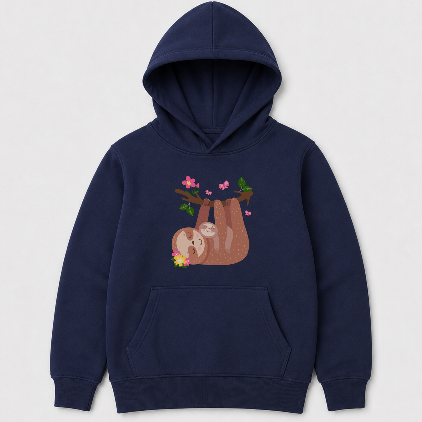 Navy children’s hoodie featuring a floral sloth scene with a mother and baby resting together while hanging from a branch with colourful blossoms and butterflies.