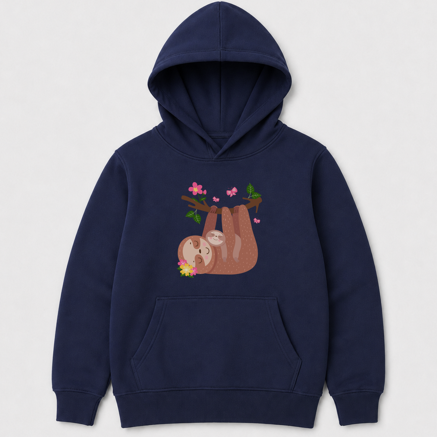 Navy children’s hoodie featuring a floral sloth scene with a mother and baby resting together while hanging from a branch with colourful blossoms and butterflies.