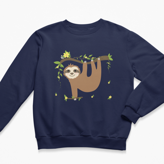 Navy kids sloth sweatshirt featuring a smiling sloth hanging from a leafy branch with yellow flowers, green leaves and small floral details