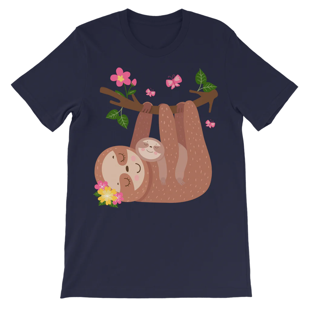 Navy kids T-shirt with a mother and baby sloth hanging from a leafy branch surrounded by pink flowers and butterflies.