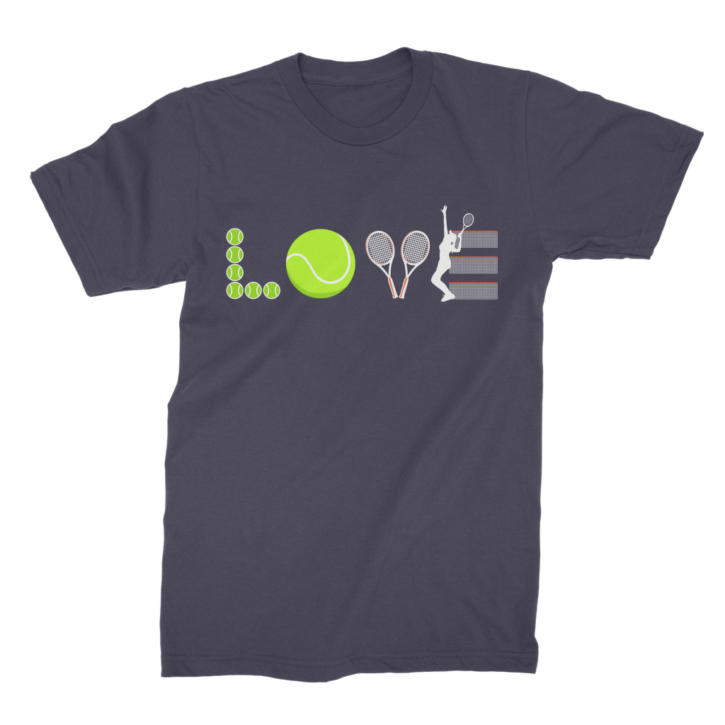 Navy women's t-shirt with a tennis-themed graphic print, featuring rackets, tennis balls, and nets.
