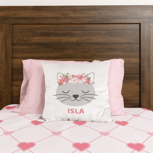 Girls Personalised Floral Cat Cushion Cover