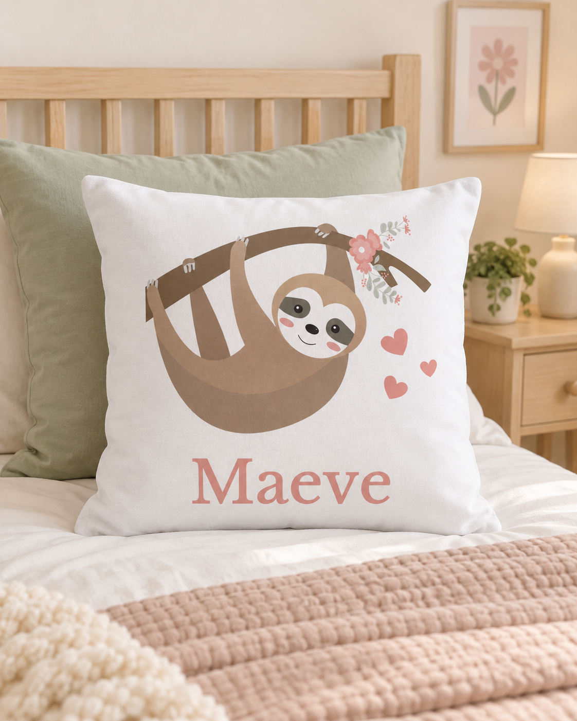 Personalised floral sloth cushion with the name Maeve displayed on a girl’s bed with sage and blush bedding.