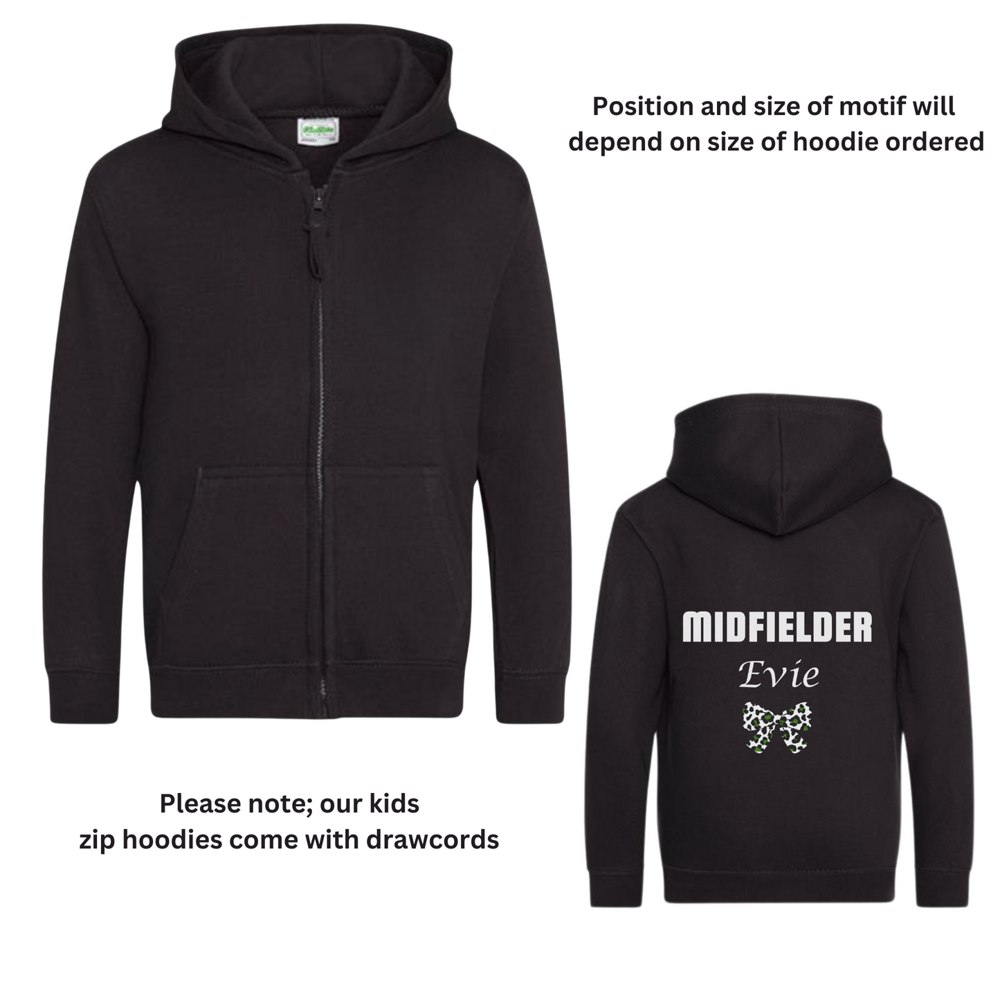 Girls Football Player Position, Name & Bow Back Print Zip Hoodie | 5 - 13 years