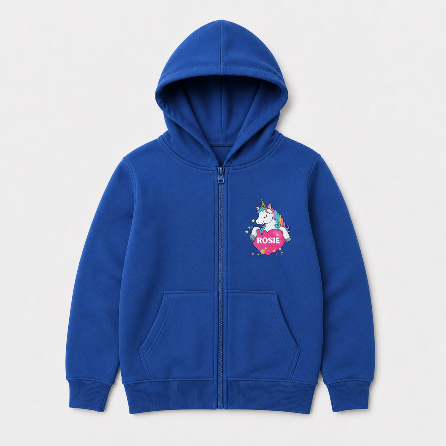 Royal blue girls zip hoodie featuring a colourful unicorn, pink heart, stars and personalised name design on the front.