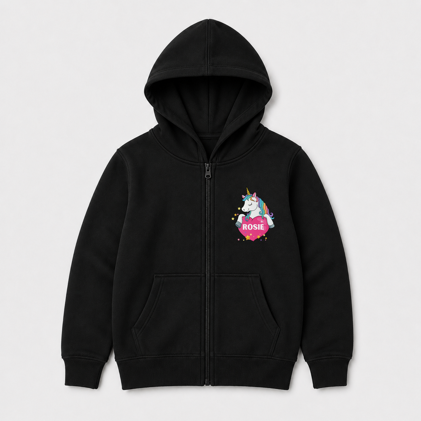 A kids black zip-up hoodie with a front pocket, featuring a colourful unicorn graphic on the left chest with the text 'ROSE' inside a pink cloud, shown against a light grey background.