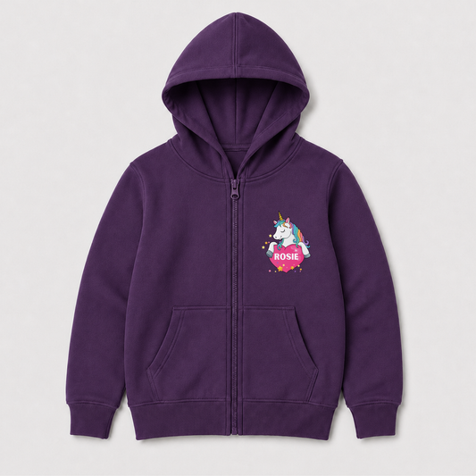 Purple personalised girls zip hoodie with a colourful unicorn, heart-shaped name panel and small star accents on the chest.