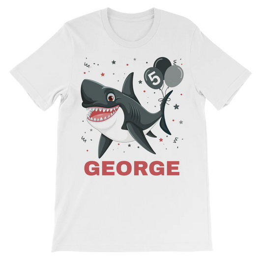Personalised kids shark birthday t-shirt with custom name and age