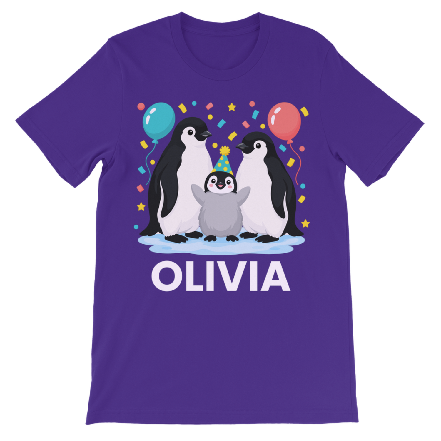 Purple kids birthday T-shirt personalised with Olivia, featuring a penguin family, party hat, turquoise and coral balloons and colourful confetti.