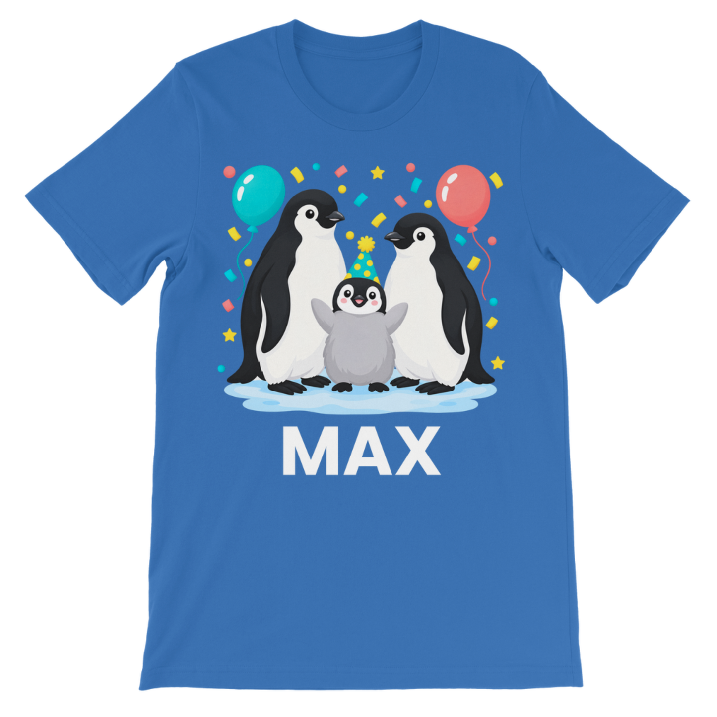Royal blue children’s T-shirt with Max in white lettering beneath two adult penguins and a grey chick wearing a birthday party hat.