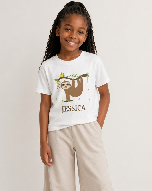 9-year-old girl wearing a white personalised sloth T-shirt with a sloth hanging from a branch, yellow flowers and a name printed underneath, styled with stone wide-leg joggers in a bright studio setting.
