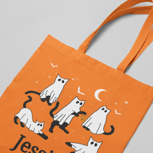 Kids 'Cat Ghosts' Personalised Orange Trick or Treat Tote Bag