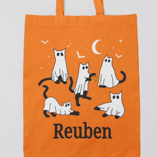 Kids 'Cat Ghosts' Personalised Orange Trick or Treat Tote Bag
