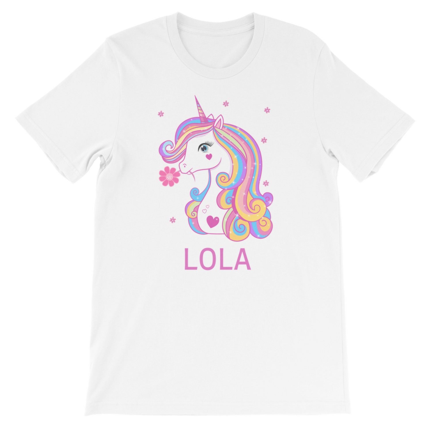 Girls white t-shirt featuring a unicorn in with rainbow hair and pink flowers with custom name in matching pink underneath graphic.