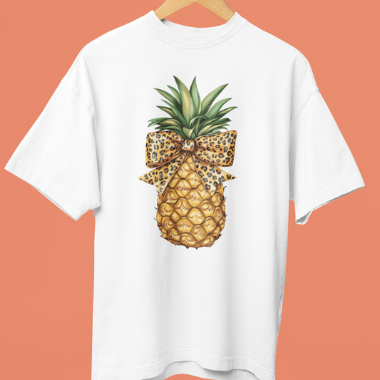 Women's Pineapple and Leopard Print Bow Oversized T-Shirt