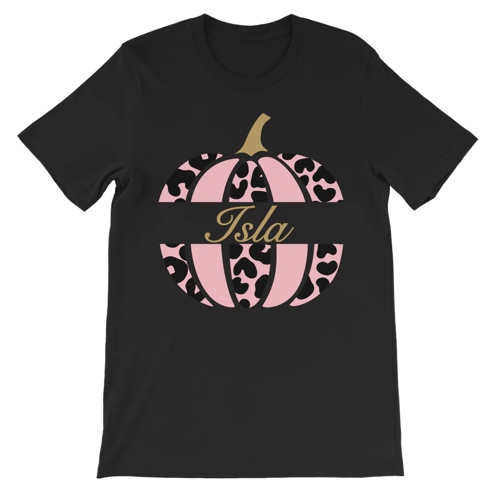 Girls Cute Leopard Print Personalised Pumpkin T-shirt