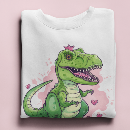 Graphic printed t-rex dinosaur wearing a pink crown kids white sweatshirt