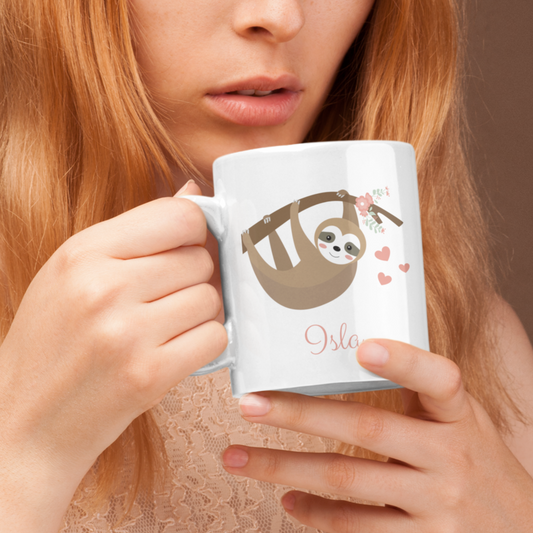 Custom-Printed Sloth Mug with Pink Hearts & Flowers