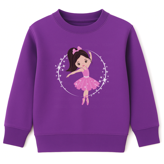 Girls purple sweatshirt featuring a cute cartoon ballerina in a pink tutu and bow, dancing inside a circle of stars.