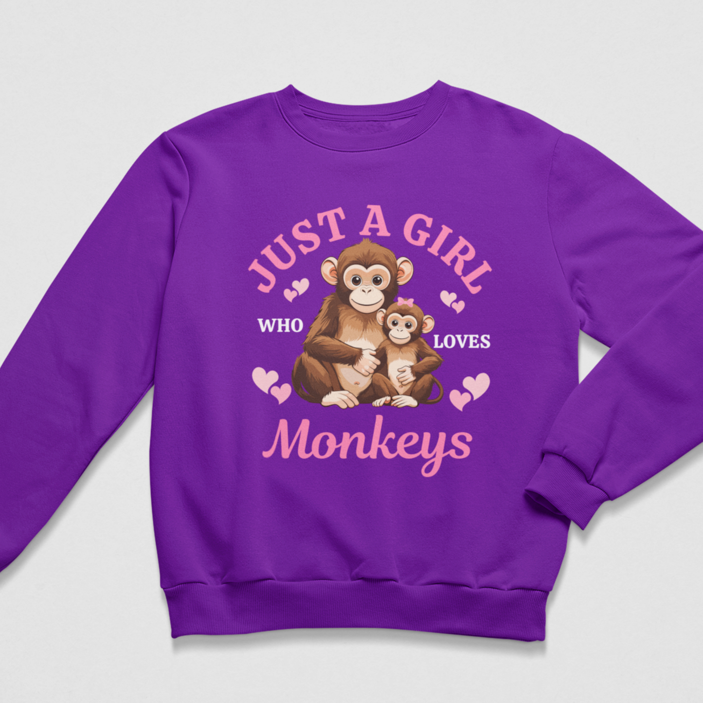 Girls purple sweatshirt with 'Just a girls who loves monkeys' printed mum and baby monkeys with pink hearts 