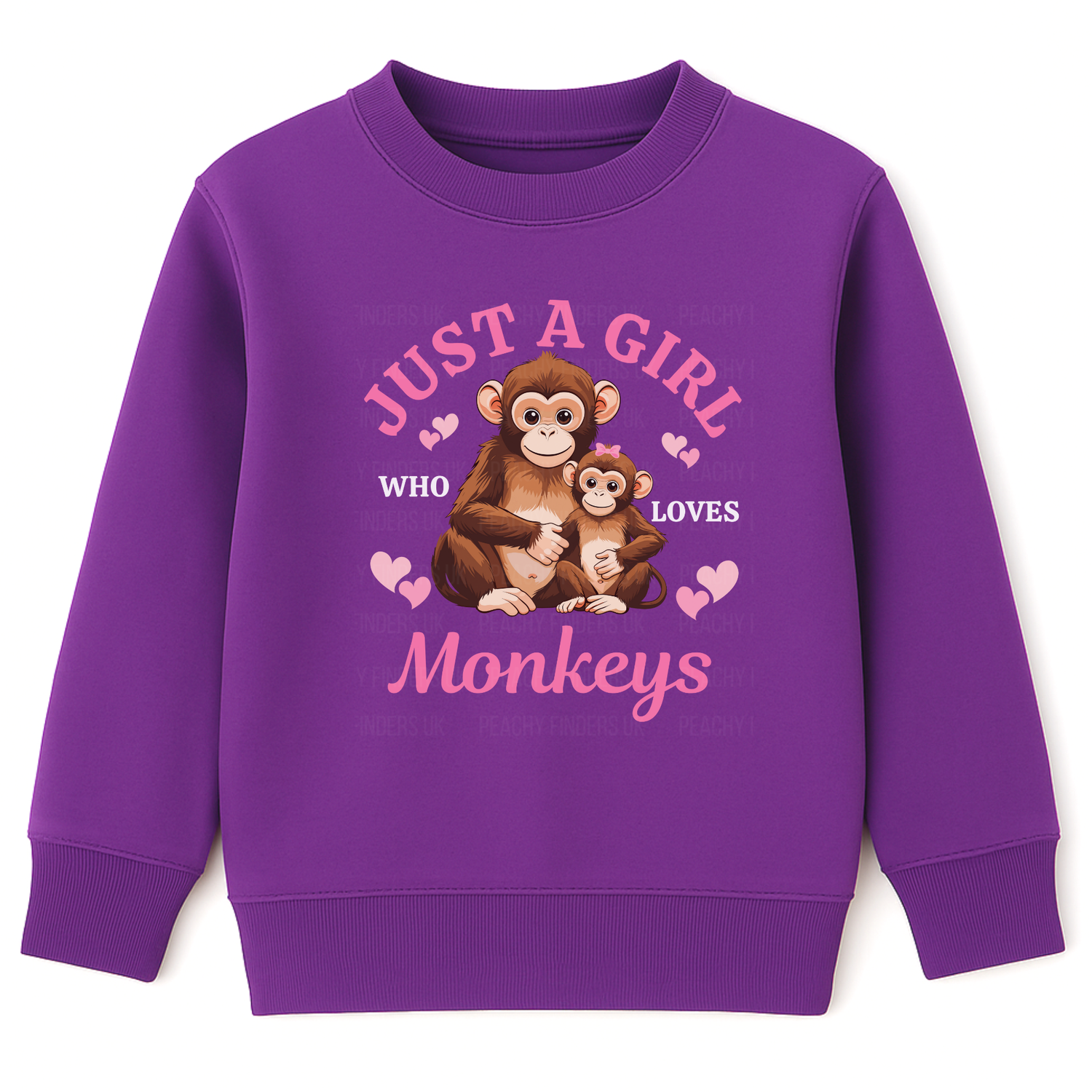 Girls purple sweatshirt with 'Just a girls who loves monkeys' printed mum and baby monkeys with pink hearts graphic.