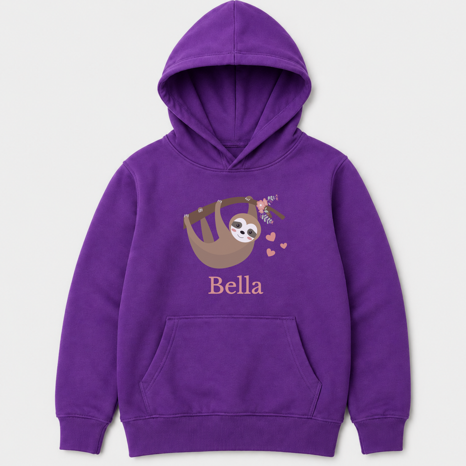 Purple personalised girls hoodie with a hanging sloth, soft pink floral branch detail, floating heart shapes and Bella printed below.