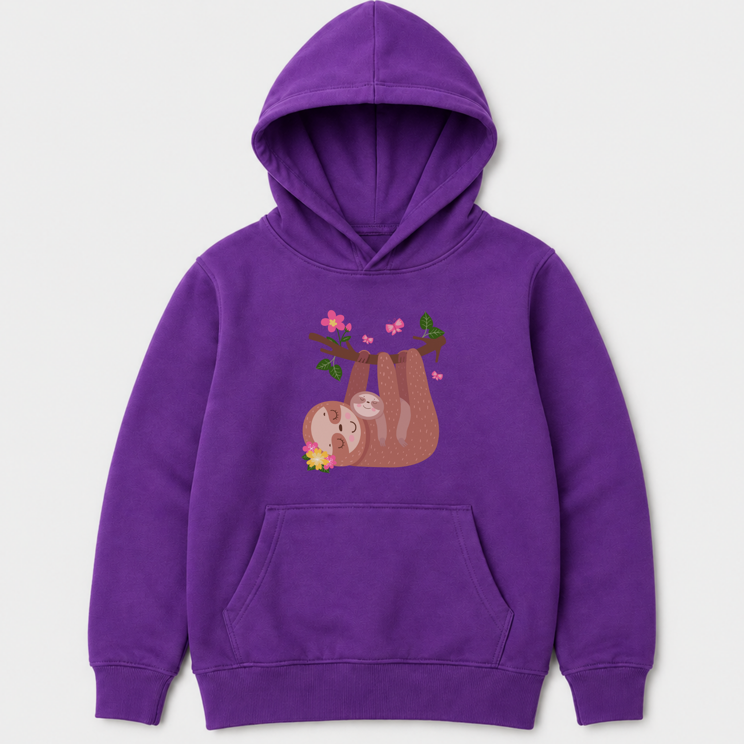 Purple children’s hoodie with a sweet mum and baby sloth hanging upside down beneath a flowered branch surrounded by butterflies.