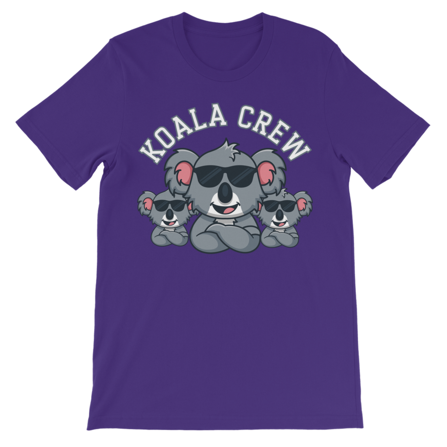 Purple cotton kids T-shirt with Koala Crew graphic print and three cool koalas