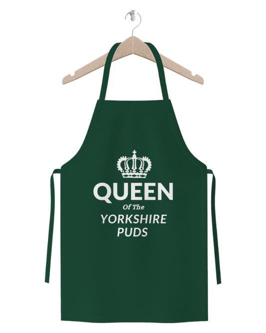 Queen of the Yorkshire Puds novelty apron in dark green cotton twill – funny cooking apron and baking apron gift with crown graphic