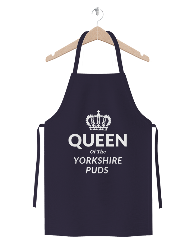 Queen of the Yorkshire Puds novelty apron in navy cotton twill – cooking apron and baking apron gift with crown graphic