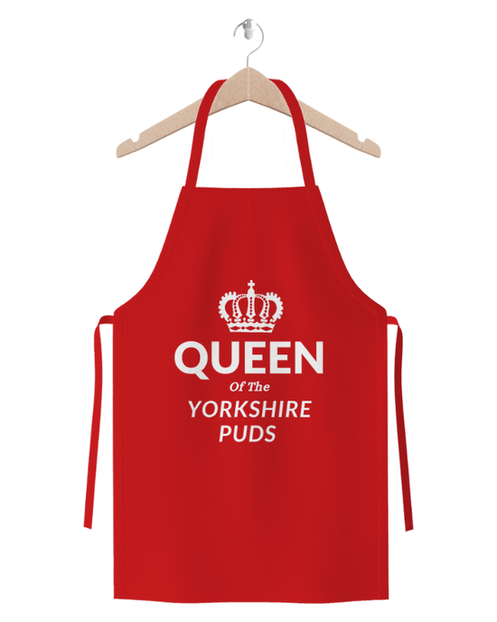 Queen of the Yorkshire Puds novelty apron in red cotton twill – humorous cooking apron and baking apron gift with crown print
