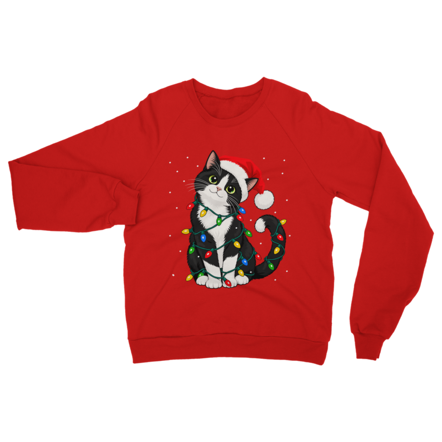 Festive red adult crewneck sweatshirt with a print of a cute black and white tuxedo cat wrapped in colourful Christmas lights and wearing a Santa hat.