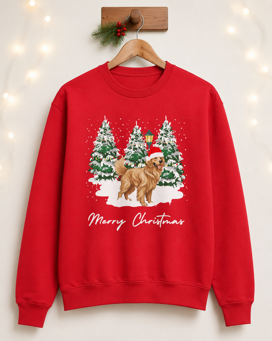 Red adult Golden Retriever Christmas jumper on a wooden hanger, featuring a festive dog in a Santa hat, snowy Christmas trees and Merry Christmas text.