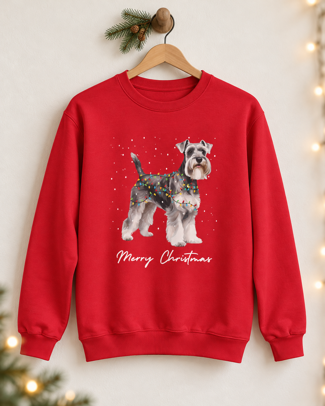 Red Christmas Schnauzer sweatshirt hanging on a wooden hanger against a neutral wall with festive fairy lights background.