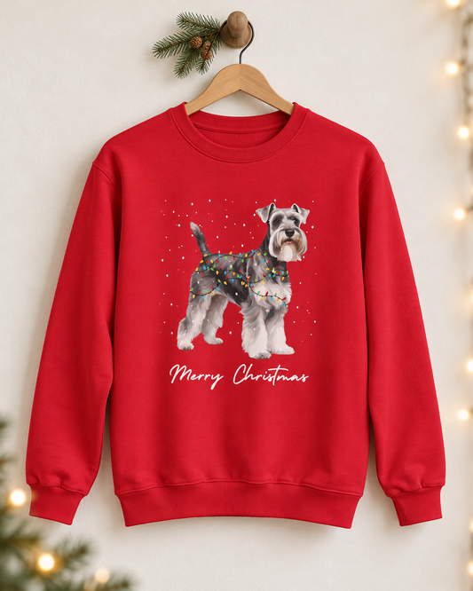 Red Christmas Schnauzer sweatshirt hanging on a wooden hanger against a neutral wall with festive fairy lights background.