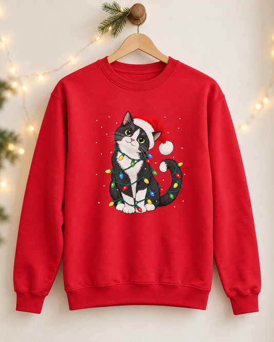 Red adult Christmas crewneck sweatshirt hanging on a wooden hanger, featuring a graphic of a tuxedo cat wearing a Santa hat and tangled in colourful fairy lights against a warm festive backdrop.