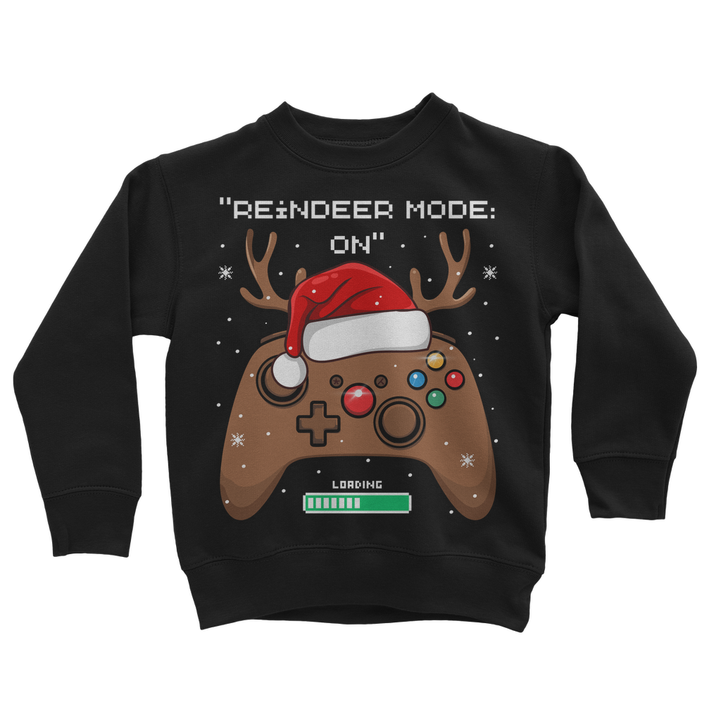 Kids black Christmas jumper with a reindeer-themed gaming controller design and the slogan “Reindeer Mode: ON”