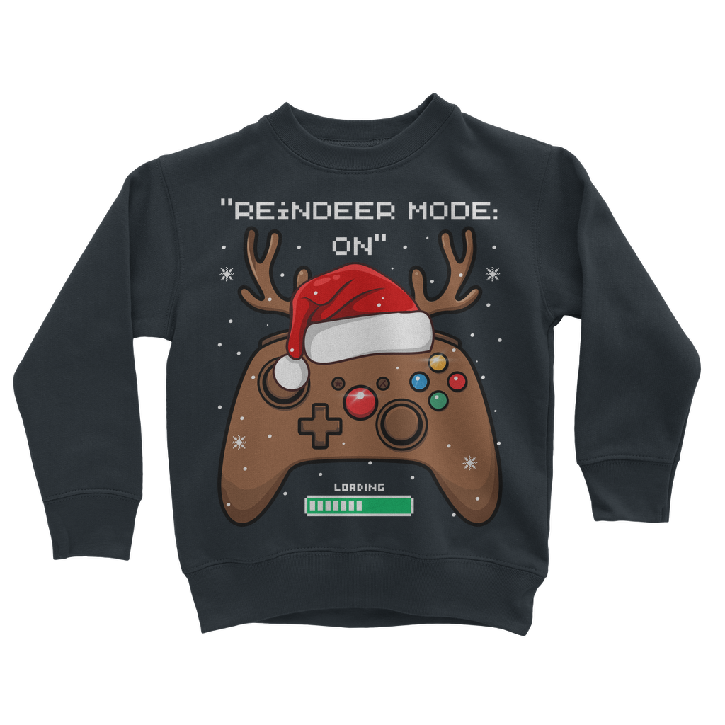 Kids Navy Christmas jumper with a reindeer-themed gaming controller design and the slogan “Reindeer Mode: ON”