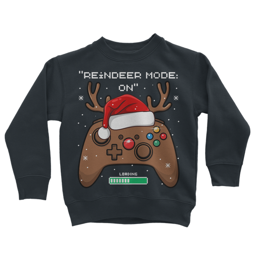 Kids Navy Christmas jumper with a reindeer-themed gaming controller design and the slogan “Reindeer Mode: ON”