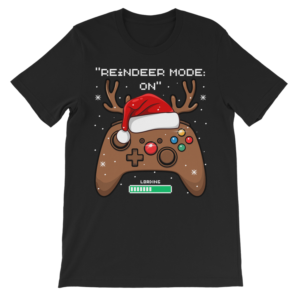 Kids black "Reindeer Mode On" Christmas gaming controller T-shirt in front of decorated Christmas tree