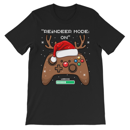 Kids black "Reindeer Mode On" Christmas gaming controller T-shirt in front of decorated Christmas tree