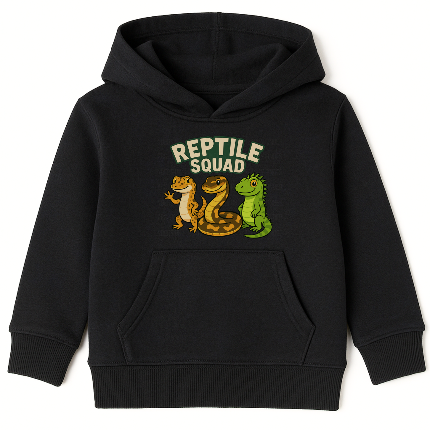 Children's black hoodie with “Reptile Squad” text and cute cartoon gecko, snake and lizard characters on the front.