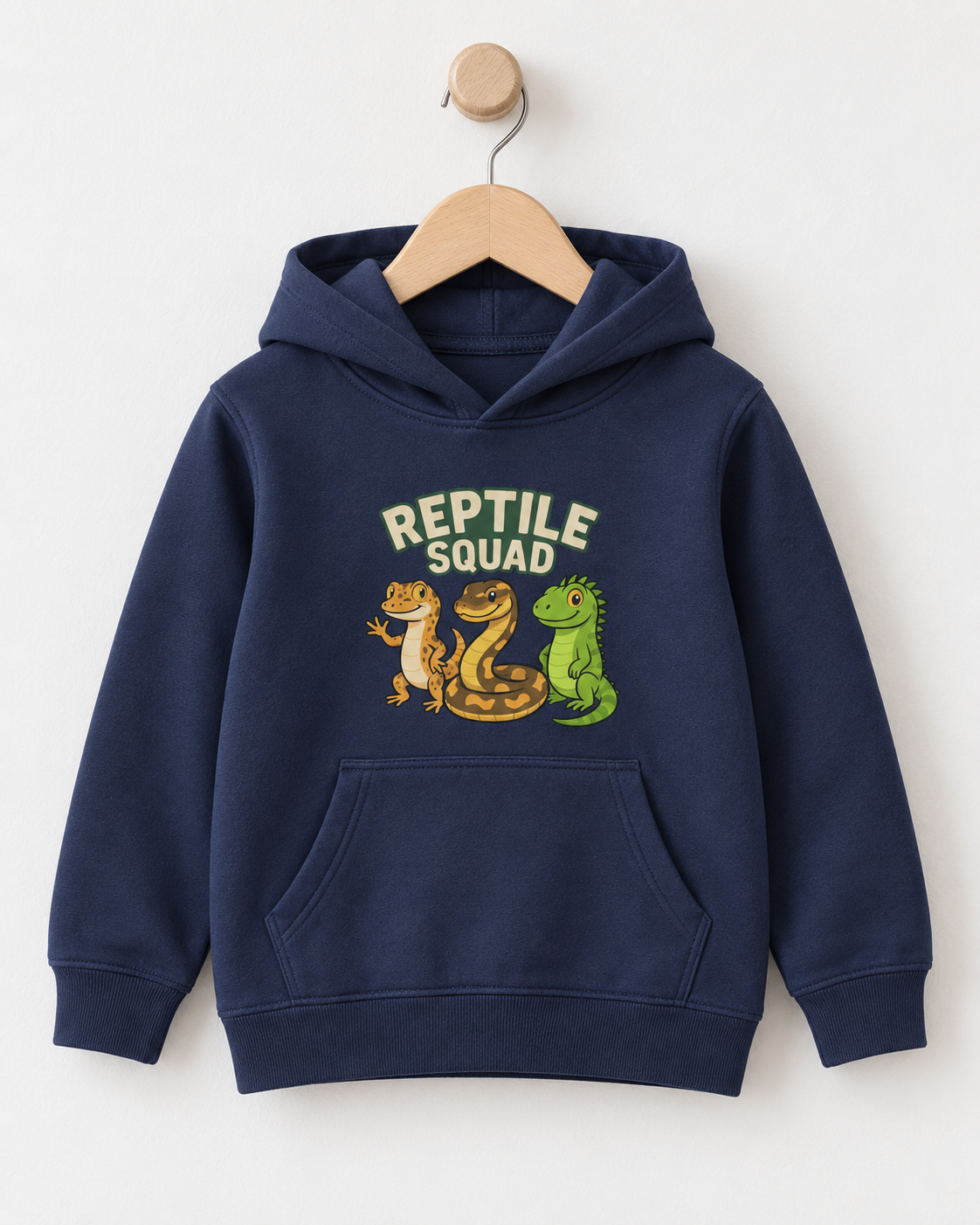 Navy kids Reptile Squad hoodie on a wooden hanger with gecko, snake and green lizard graphic.