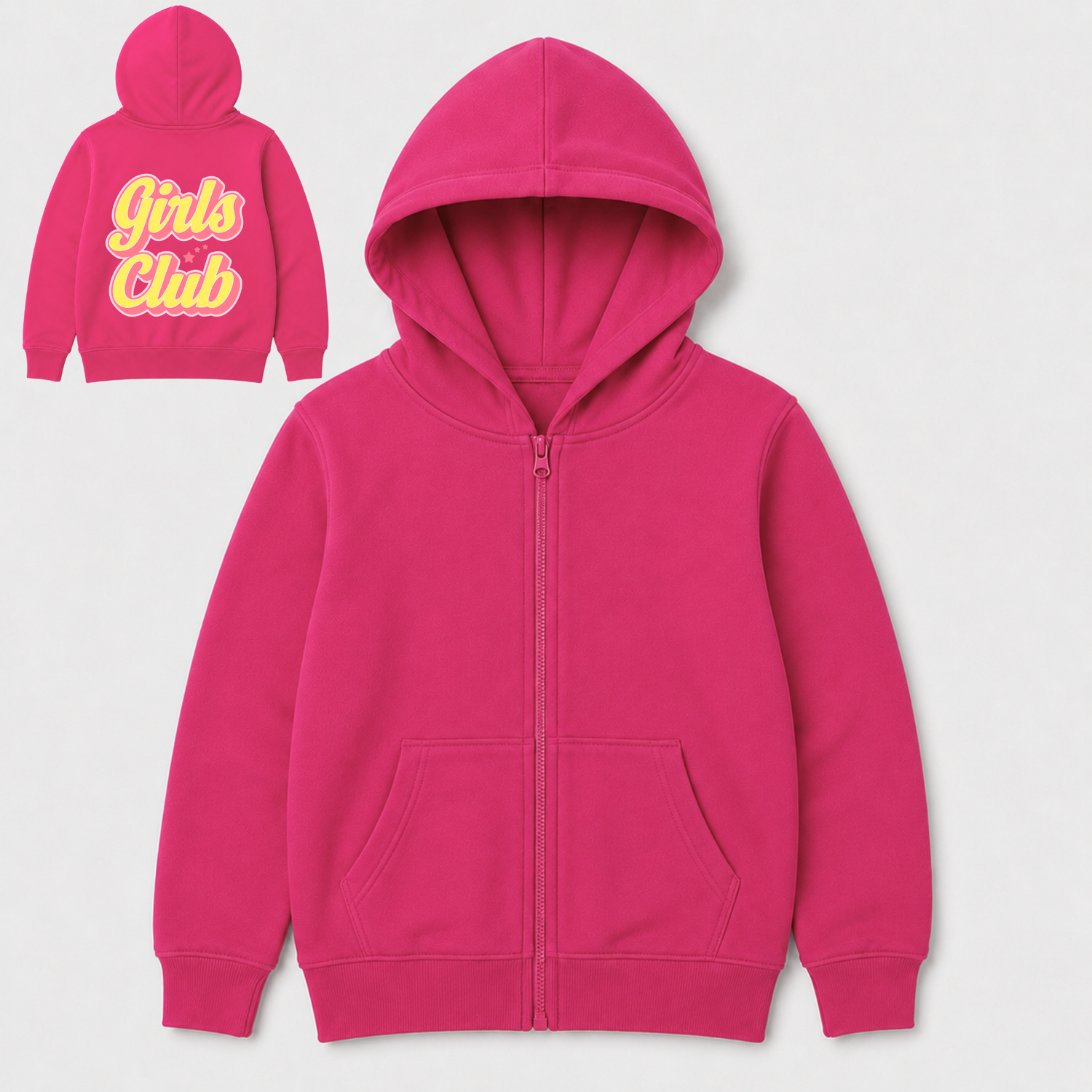 Kids hot pink full-zip hoodie flat lay with plain front view and inset image showing retro 'Girls Club' back print design.