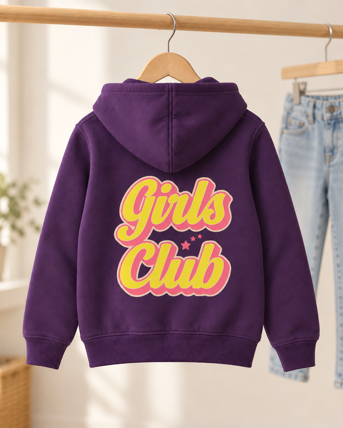 A kids purple hoodie hanging on a wooden hanger, shown from the back with a large retro-style 'Girls Club' graphic in yellow and pink. A pair of blue jeans hangs on a wooden rack in the background.