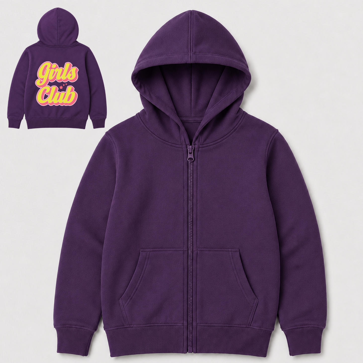 Children's purple zip-up hoodie displayed flat showing plain front with inset image of retro yellow and pink 'Girls Club' back graphic.