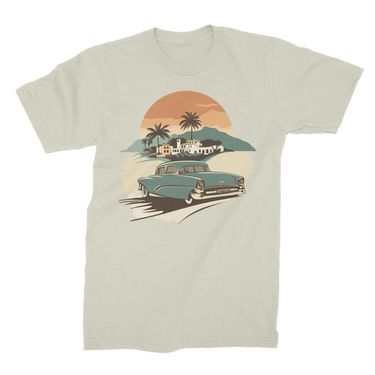 Men’s Retro 1950s Classic Car Sunset T-Shirt | Vintage Cotton Tee