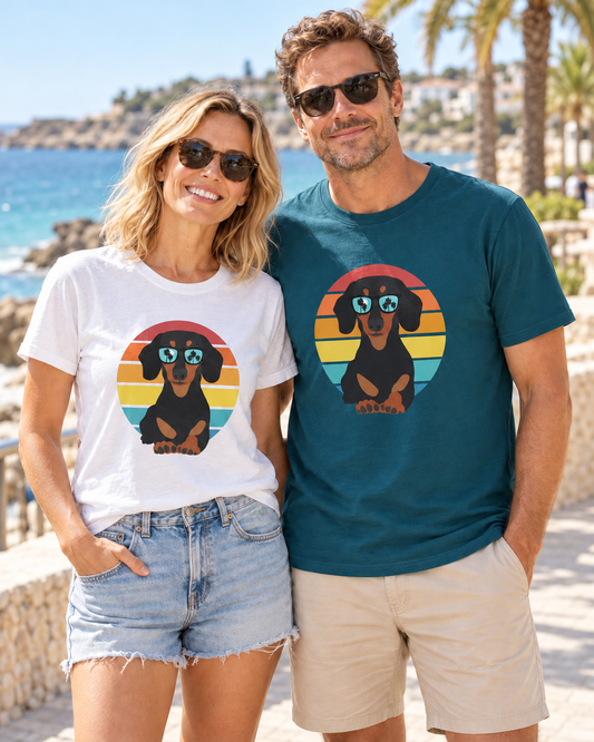 A smiling man and woman standing outdoors near a beach, wearing matching retro summer dachshund graphic t-shirts - the woman in white and the man in deep tea
