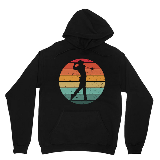 Black hoodie with a graphic of a golfer and a colorful sunset design on a white background